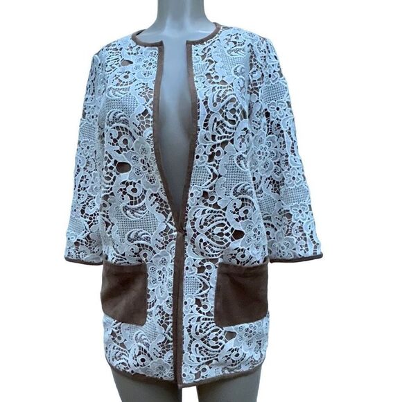New Chico's Blazer Women's Size 0 (S) Brown & Cream Lace Open Front Suit Jacket - Picture 7 of 11